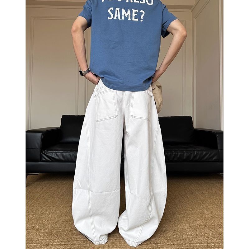 New American Retro White Jeans for Women High Waisted Slimming Loose Fit Curved Blade Midweight Cotton Wide Leg Pants_mkmklike.com