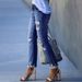 Women's Clothing Washed Worn Out Tassel Jeans Fit High Elastic Feet Denims Pants_mkmklike.com