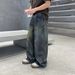 Men's Trendy High Street Loose Fitting Wide Leg Jeans Dark Gray Washed Graffiti Design Unisex Midweight Cotton Long Pants_mkmklike.com