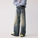 Men's High Street Distressed Jeans - Heavyweight Washed Denim Pants With 3d Cat Whisker Design, Straight Leg Fit_mkmklike.com
