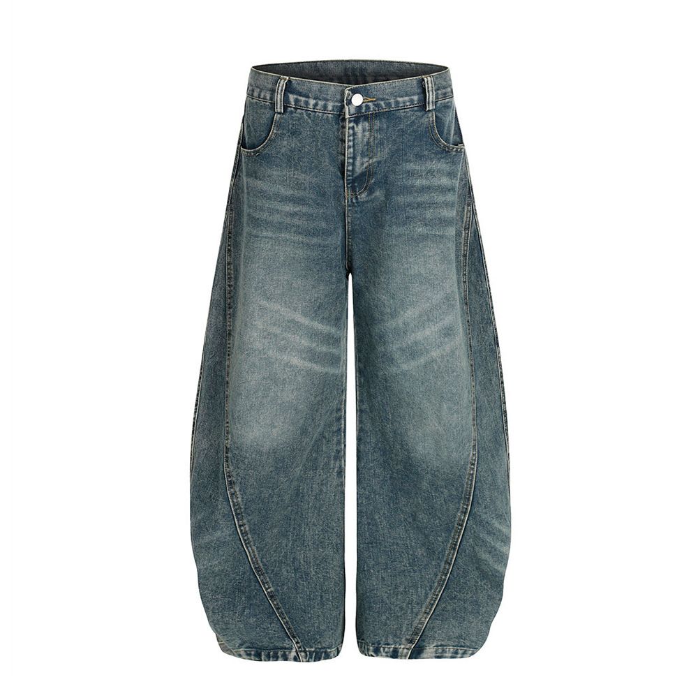 American Washed Denim Scimitar Men's Versatile Loose Dad Pants Street Fashion Deconstructed Vintage Wide-Leg Trousers_mkmklike.com