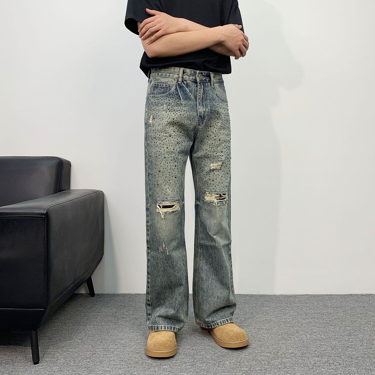Men's Rhinestone Embellished Jeans – Distressed Washed Denim Pants With Star Studs, Streetwear Straight-Leg Fit (Blue)_mkmklike.com