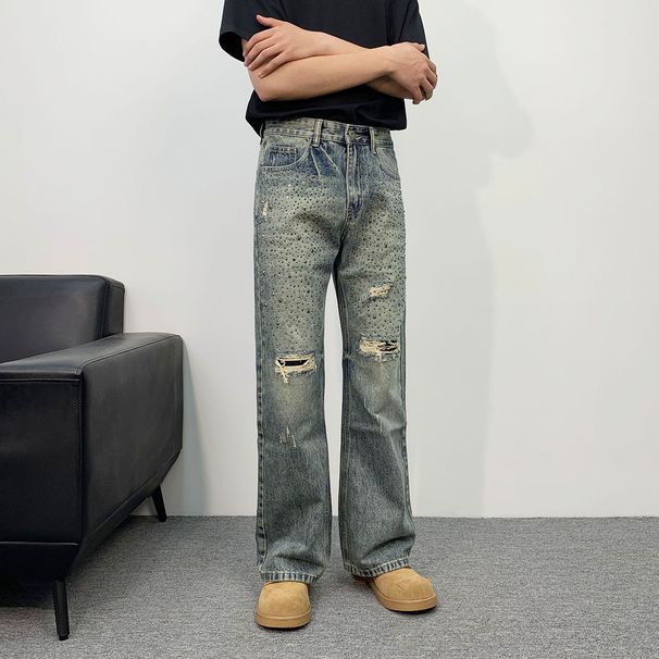 Men's Rhinestone Embellished Jeans – Distressed Washed Denim Pants With Star Studs, Streetwear Straight-Leg Fit (Blue)_mkmklike.com