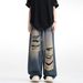 Men's Vintage Distressed Jeans - 90s Retro Washed Denim With Ripped Details, Oversized Straight Leg & High Street Drop Cuff For Summer_mkmklike.com