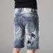 Men's Distressed Denim Shorts With Vintage Print - Comfortable Cotton Casual Streetwear For Summer_mkmklike.com