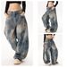 Men's High Street Distressed Patchwork Wide Leg Jeans | Vintage Graffiti Design | Loose Fit Retro Denim Pants_mkmklike.com