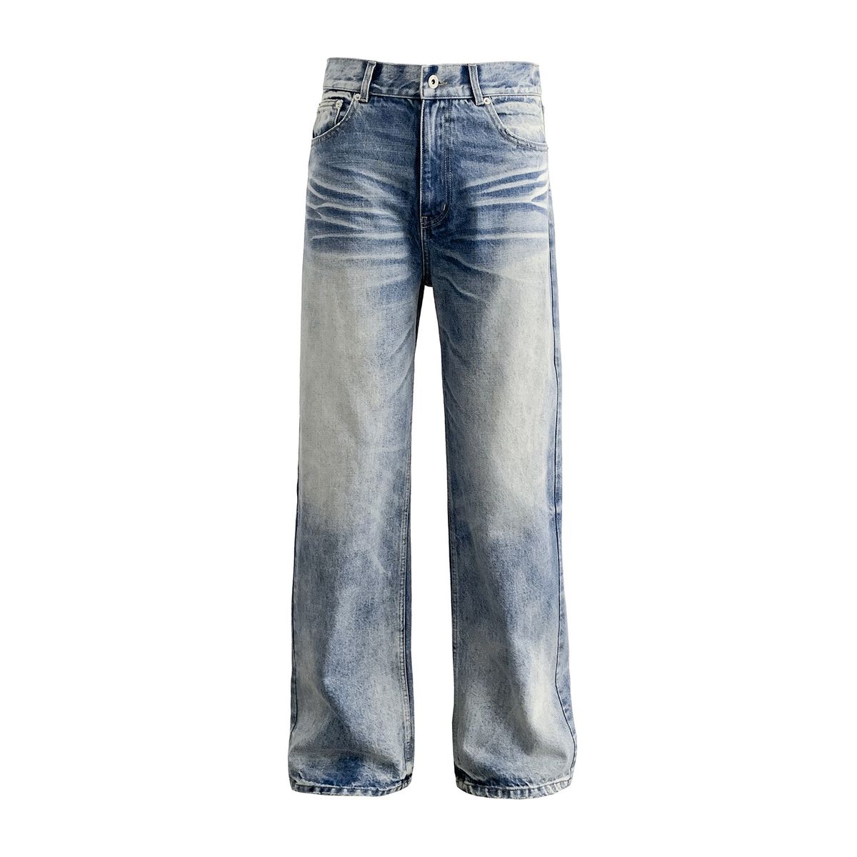 Cleanfit Washed Blue Straight Leg Jeans For Men – A-Line Relaxed Fit, Vintage Distressed Denim, Non-Stretch Cotton Blend, Mid-Rise Casual Pants_mkmklike.com