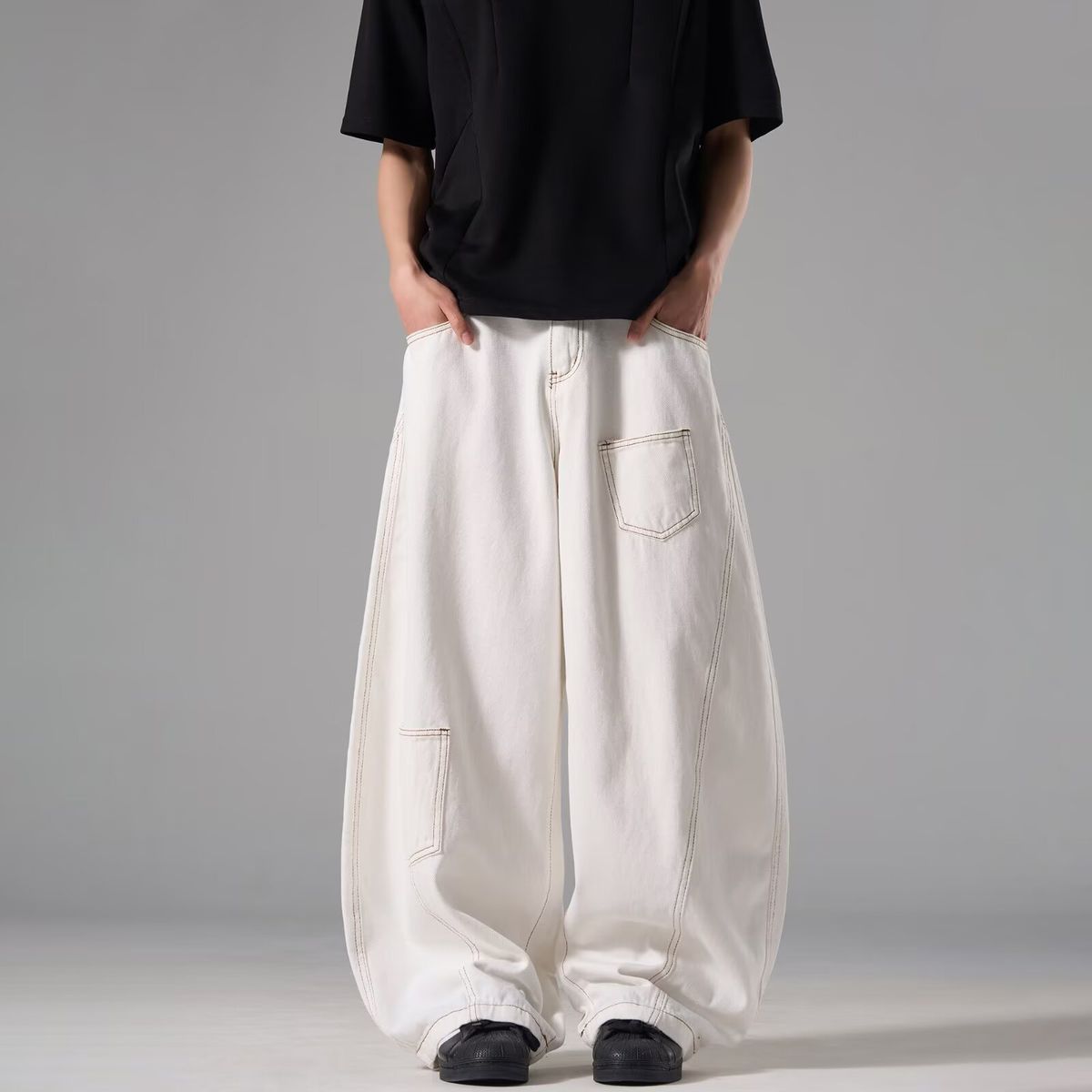 Men's Loose Wide-Leg Cargo Jeans With Asymmetrical Patchwork & Contrast Stitching - Trendy Streetwear Straight Pants For Casual Wear_mkmklike.com