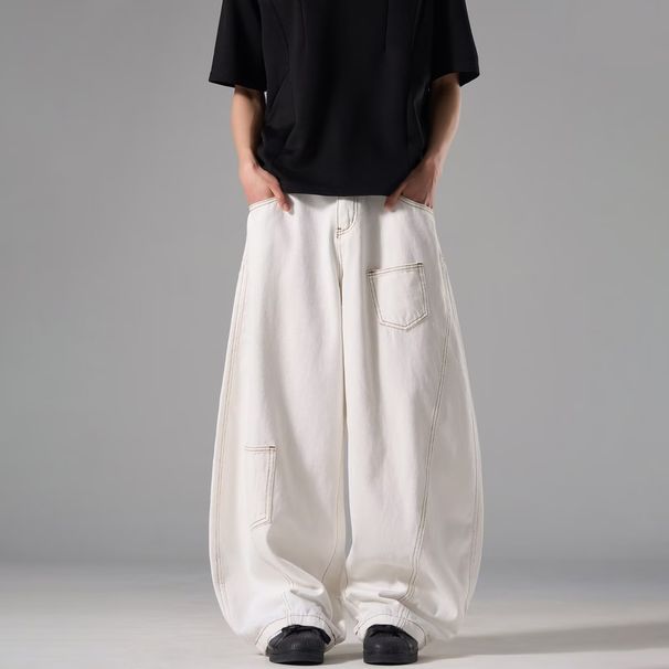 Men's Loose Wide-Leg Cargo Jeans With Asymmetrical Patchwork & Contrast Stitching - Trendy Streetwear Straight Pants For Casual Wear_mkmklike.com