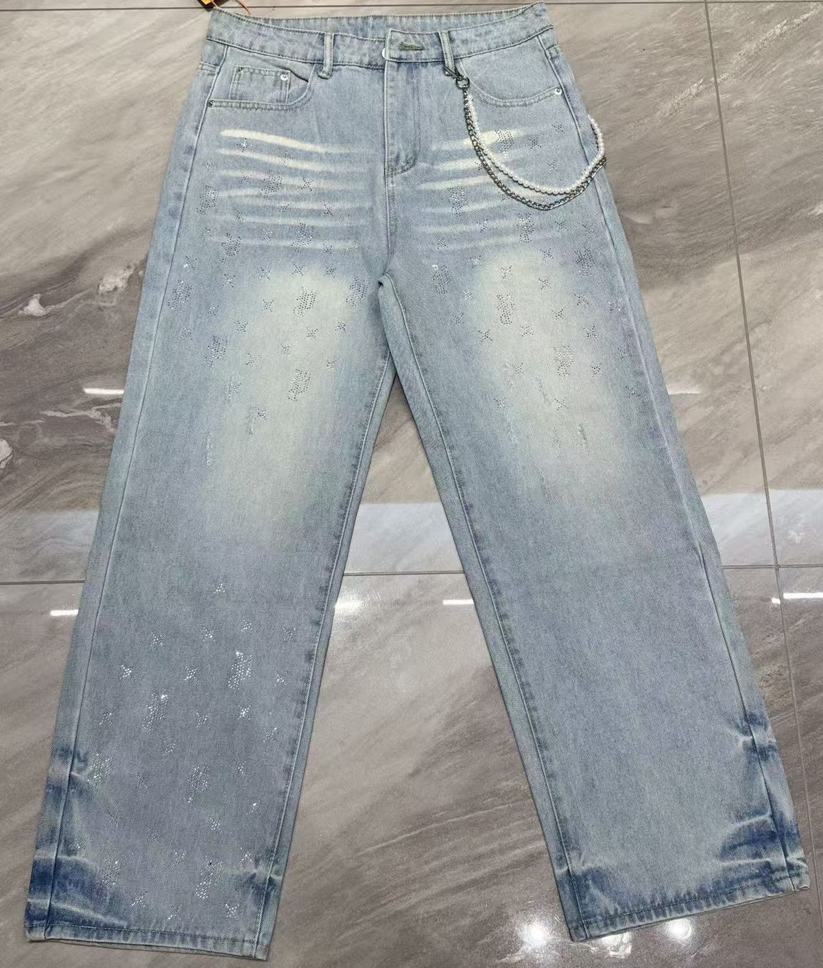 Men's Distressed Denim Jeans – Rhinestone Embellished Washed Blue Jeans | High-Street Fashion Straight-Leg Pants_mkmklike.com