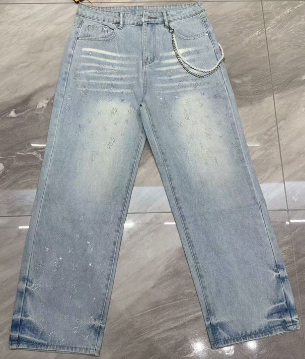 Men's Distressed Denim Jeans – Rhinestone Embellished Washed Blue Jeans | High-Street Fashion Straight-Leg Pants_mkmklike.com