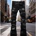 Unisex Matte Black Flared Jeans, White Hand-Drawn Scratch Embroidery & Light Distressing, Subculture Hip Hop Motorcycle Dark Streetwear Stacked, Breat_mkmklike.com