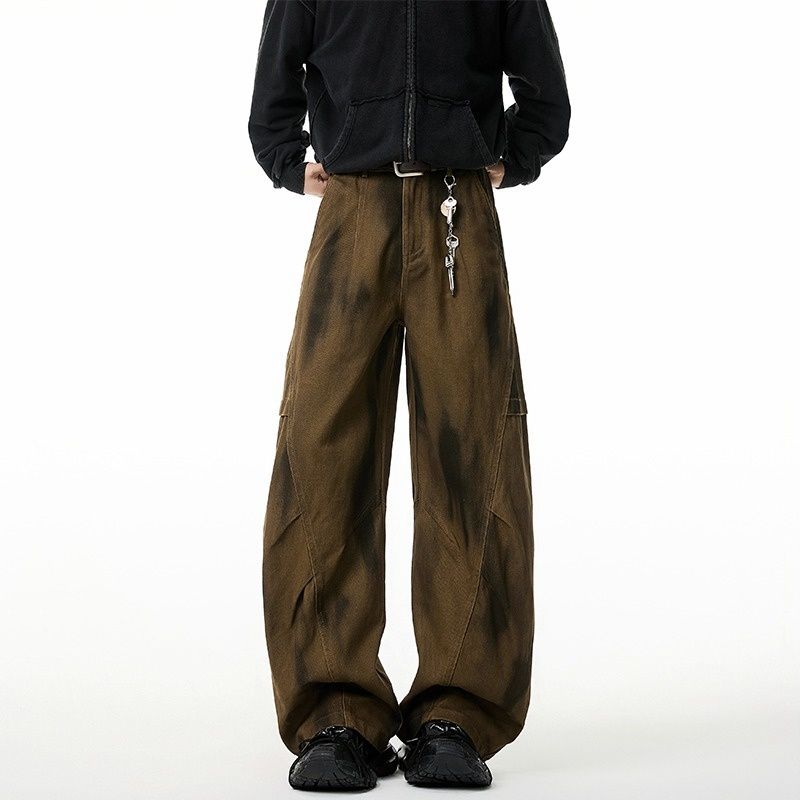 BOY Patchwork Dirty Dye Scimitar Jeans Unisex Straight Loose Wide Leg Design Sense Casual Cool Versatile Cargo Pants_mkmklike.com