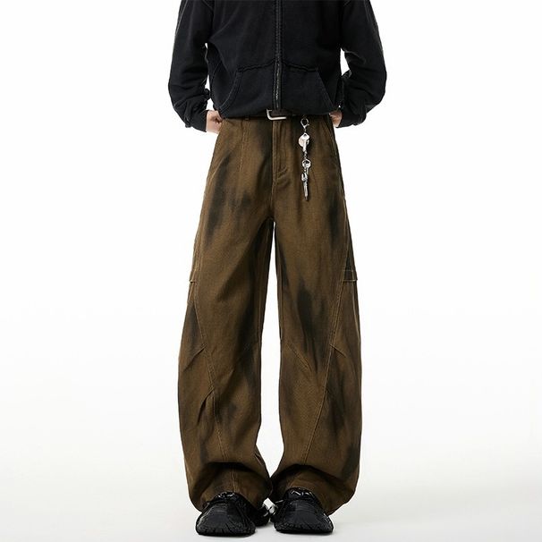 BOY Patchwork Dirty Dye Scimitar Jeans Unisex Straight Loose Wide Leg Design Sense Casual Cool Versatile Cargo Pants_mkmklike.com