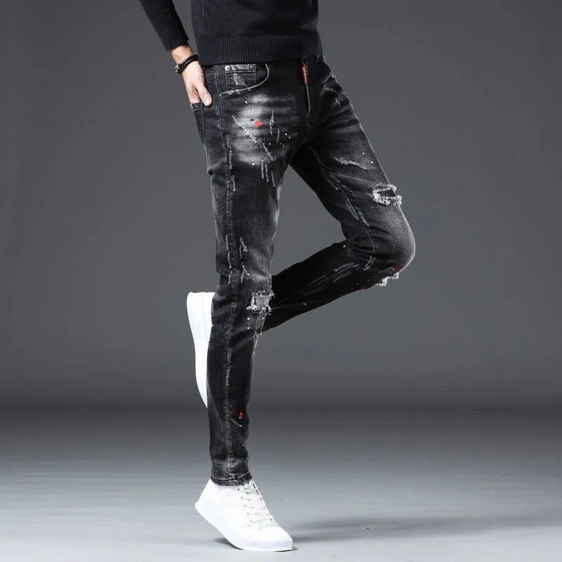 1 Jeans Korean Style Trendy Slim Fit Skinny Vintage Patch Men's Pants_mkmklike.com