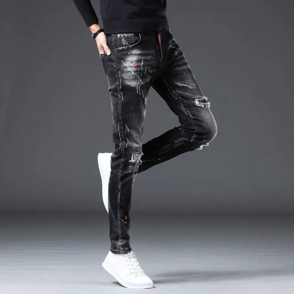 1 Jeans Korean Style Trendy Slim Fit Skinny Vintage Patch Men's Pants_mkmklike.com