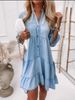 Women's Clothing New Solid Color Washed Cotton Five Point Sleeve A Line Mid Length Denim Dress Long Skirt_mkmklike.com