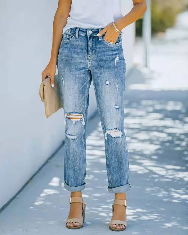 Women's fashion trend Ripped jeans Women's trousers blue_mkmklike.com