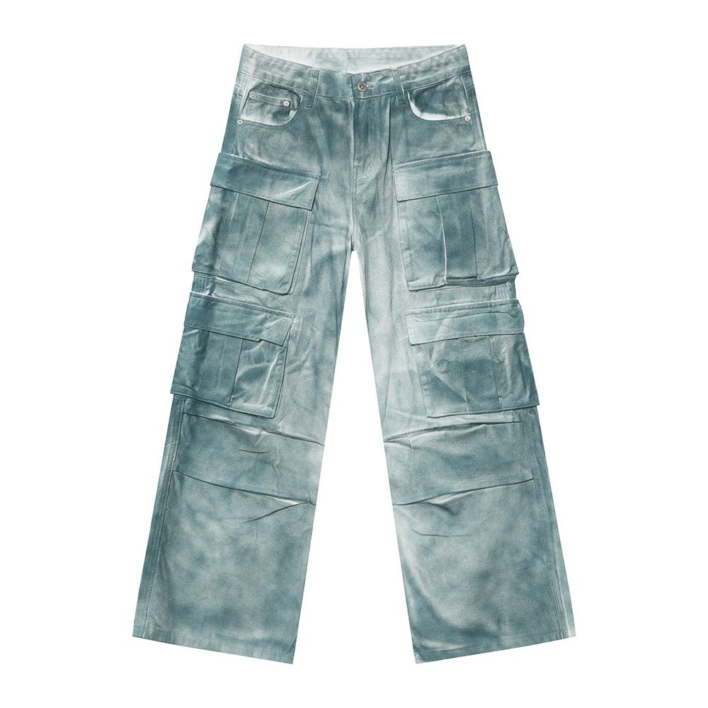 Men's Clothing New Autumn Products Niche Heavy Industry Gradient Spray Color Distressed Multi Pocket Wide Leg Overalls_mkmklike.com