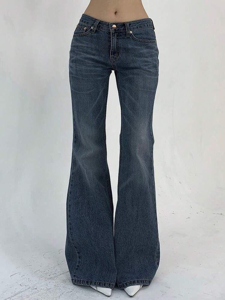 American Retro Low Waist Double Button Flared Pants Slim Fit Stretchy Autumn Winter Jeans For Women Regular_mkmklike.com