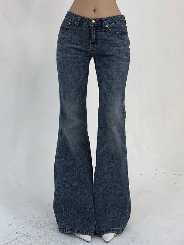 American Retro Low Waist Double Button Flared Pants Slim Fit Stretchy Autumn Winter Jeans For Women Regular_mkmklike.com