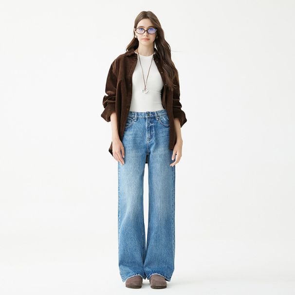 Women's Clothing High Waist Loose Fit Cotton Jeans - Turkish Blue Washed Wide Leg Pants For Casual & Office Wear_mkmklike.com