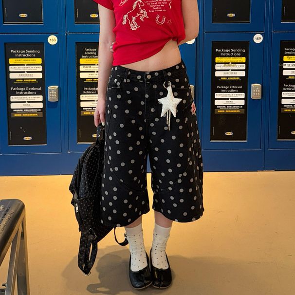 Retro Polka Dot Print Cropped Jeans Loose Straight Leg Versatile Wide Leg Shorts for Men And Women New Summer Style_mkmklike.com