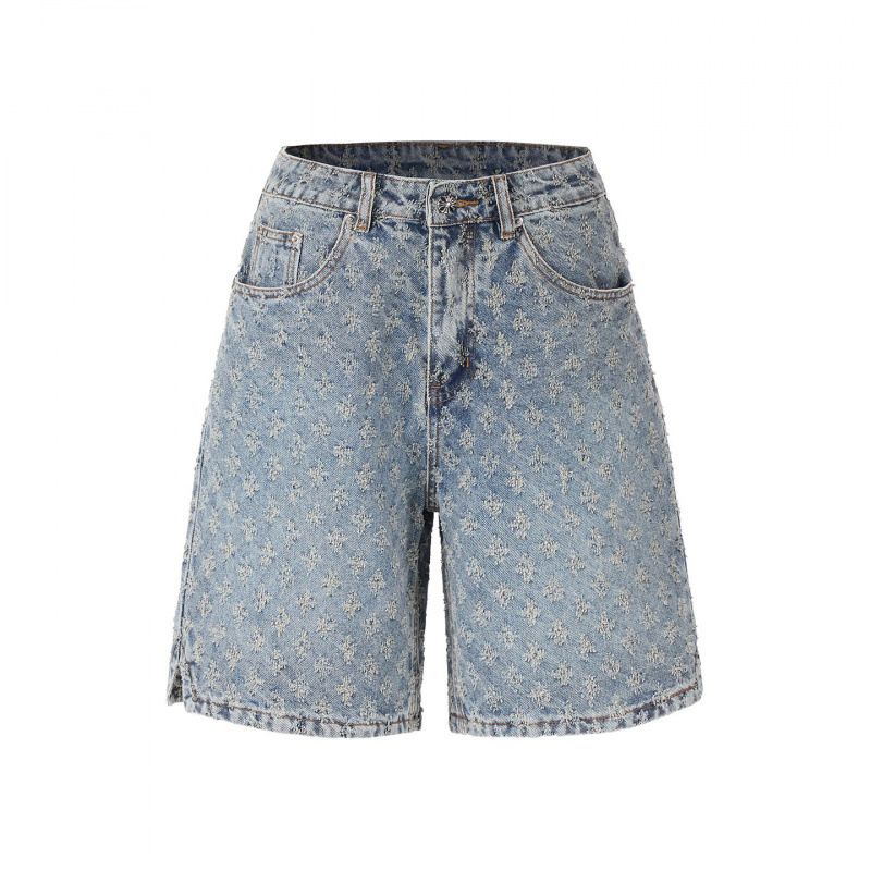 Men's Summer Trendy Loose Jacquard Denim Shorts American Style Washed Retro Distressed Five Point Pants_mkmklike.com
