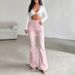 Women's High-Waisted Pink Washed Flared Jeans Double Button Retro Distressed Trousers European American Style_mkmklike.com