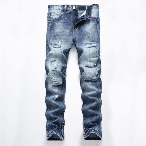Men's Light Blue Distressed Slim Straight Jeans - Cotton Stretch Denim Pants With Multiple Rips & Vintage Wash_mkmklike.com