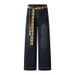 2025 New American Style Plaid Patchwork Lace-Up Jeans For Women Summer Loose Straight Wide-Leg Pants_mkmklike.com