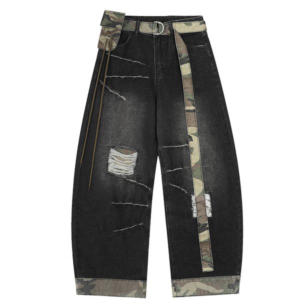 Color Block Patchwork Distressed Denim Scimitar Pants Men's High Street Trendy Vibe With Belt Loose Wide-Leg Trousers_mkmklike.com