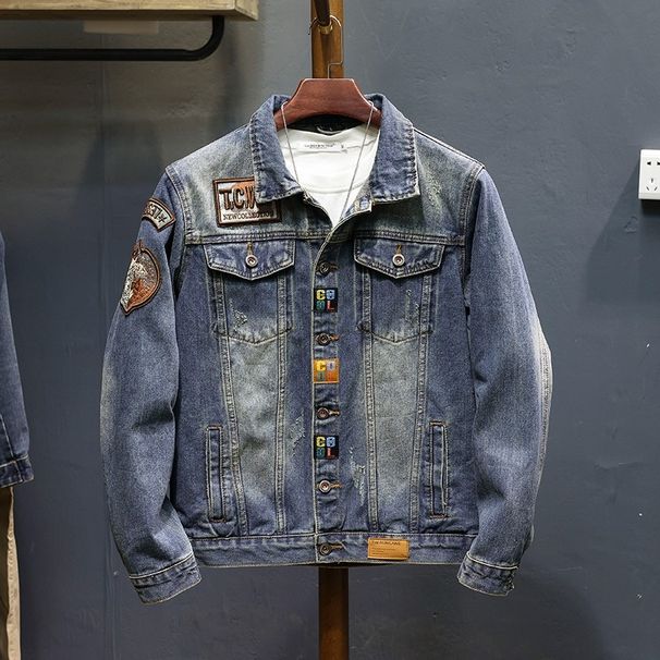 Spring And Autumn Vintage Denim Jacket For Men, Trendy Loose Fit Plus Size Men's Top, Fashionable Workwear Jacket,_mkmklike.com
