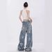 Printed Blue Denim Wide-leg 2024 Summer New Thin Straight-leg Long Retro Trousers Floor-length Pants Women's Clothing_mkmklike.com