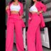 Women's Clothing Elegant Solid Color Split Sleeve Lapel Suit Pocket Straight Pants Suit_mkmklike.com
