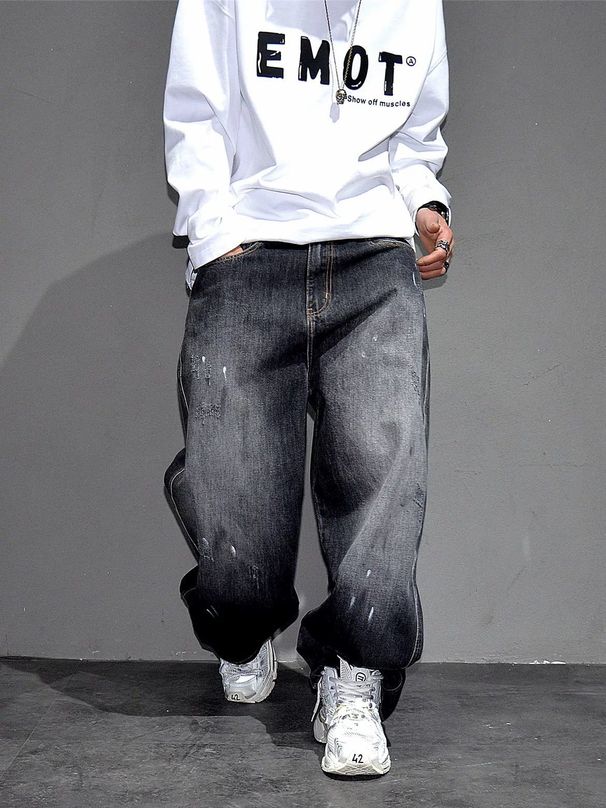 Men's Distressed Washed Jeans – Loose Fit Streetwear Style With Splatter Paint Effect & Vintage Wash (Dark Grey)_mkmklike.com