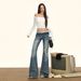 Autumn Women's Vintage Blue Slight Flare Jeans, Washed Slim Fit Versatile Low Waist Slimming Stretch Bell-Bottom Pants_mkmklike.com