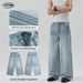 Men's Washed Light Blue Jeans Loose Fit Straight Leg Clean Cut Versatile Pants With Lightning Floral Pattern_mkmklike.com