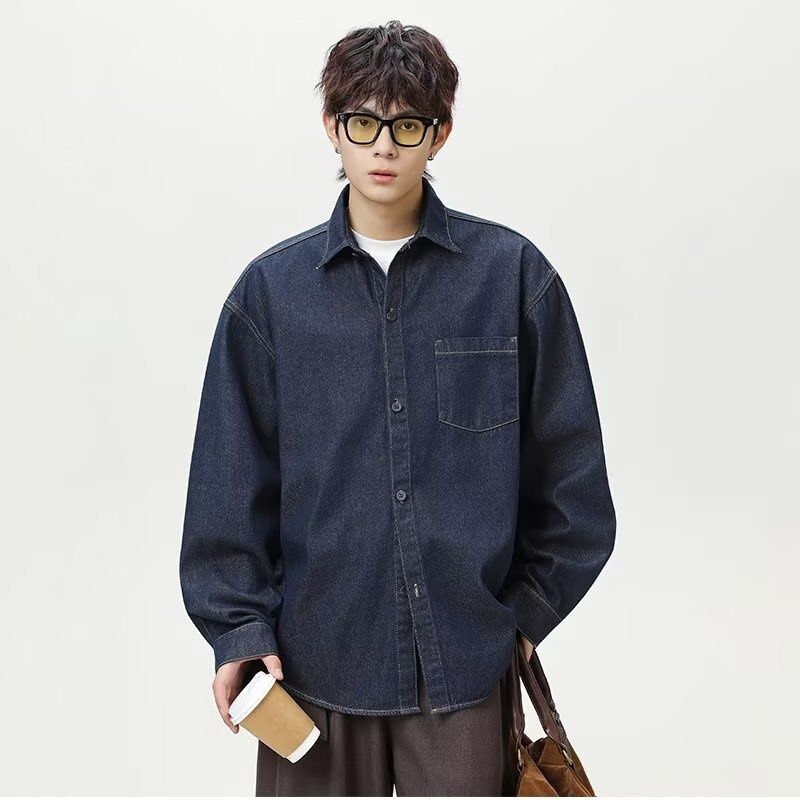 Pulse Turn-down Collar Denim Men 2025 Spring Autumn New Washed Loose Jacket Coat Trendy Brand Versatile Casual Shirt_mkmklike.com