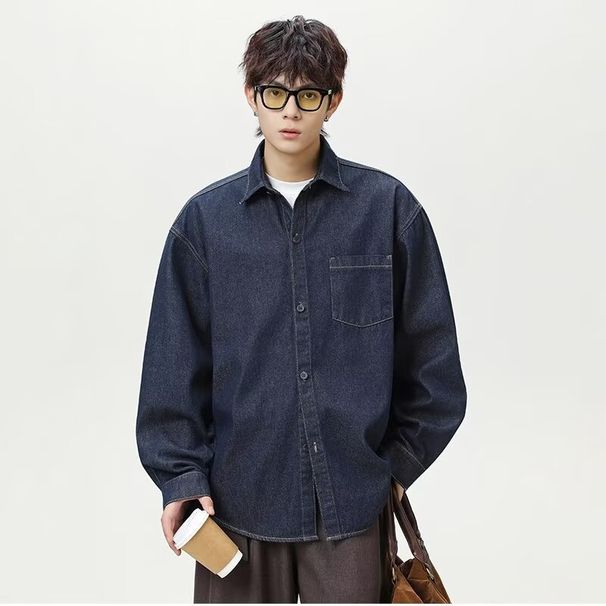 Pulse Turn-down Collar Denim Men 2025 Spring Autumn New Washed Loose Jacket Coat Trendy Brand Versatile Casual Shirt_mkmklike.com