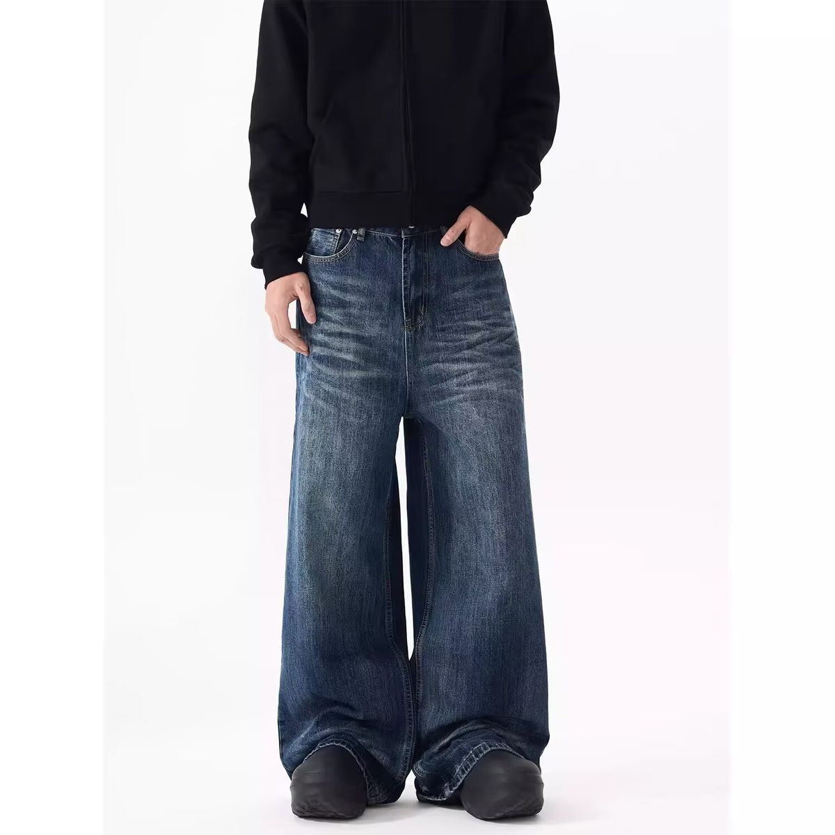 Men's American Retro Washed Denim Jeans Casual Loose Fitting Wide Leg Straight Leg Slightly Flared Style_mkmklike.com
