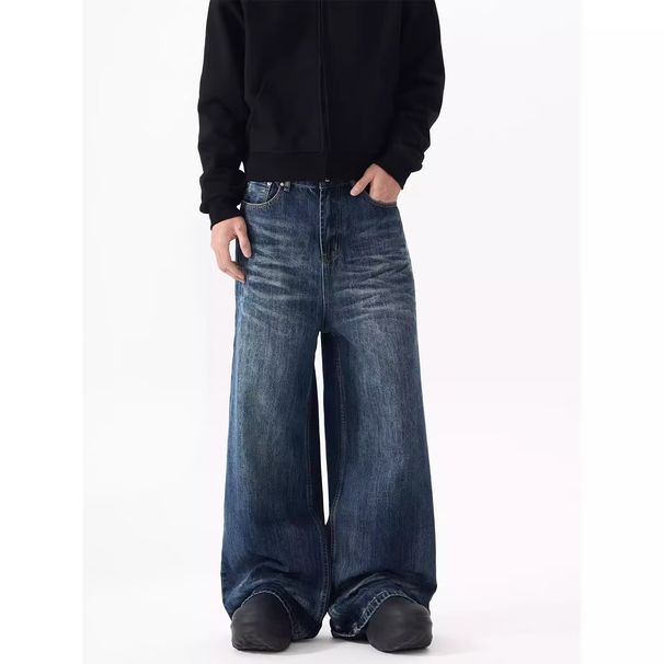 Men's American Retro Washed Denim Jeans Casual Loose Fitting Wide Leg Straight Leg Slightly Flared Style_mkmklike.com