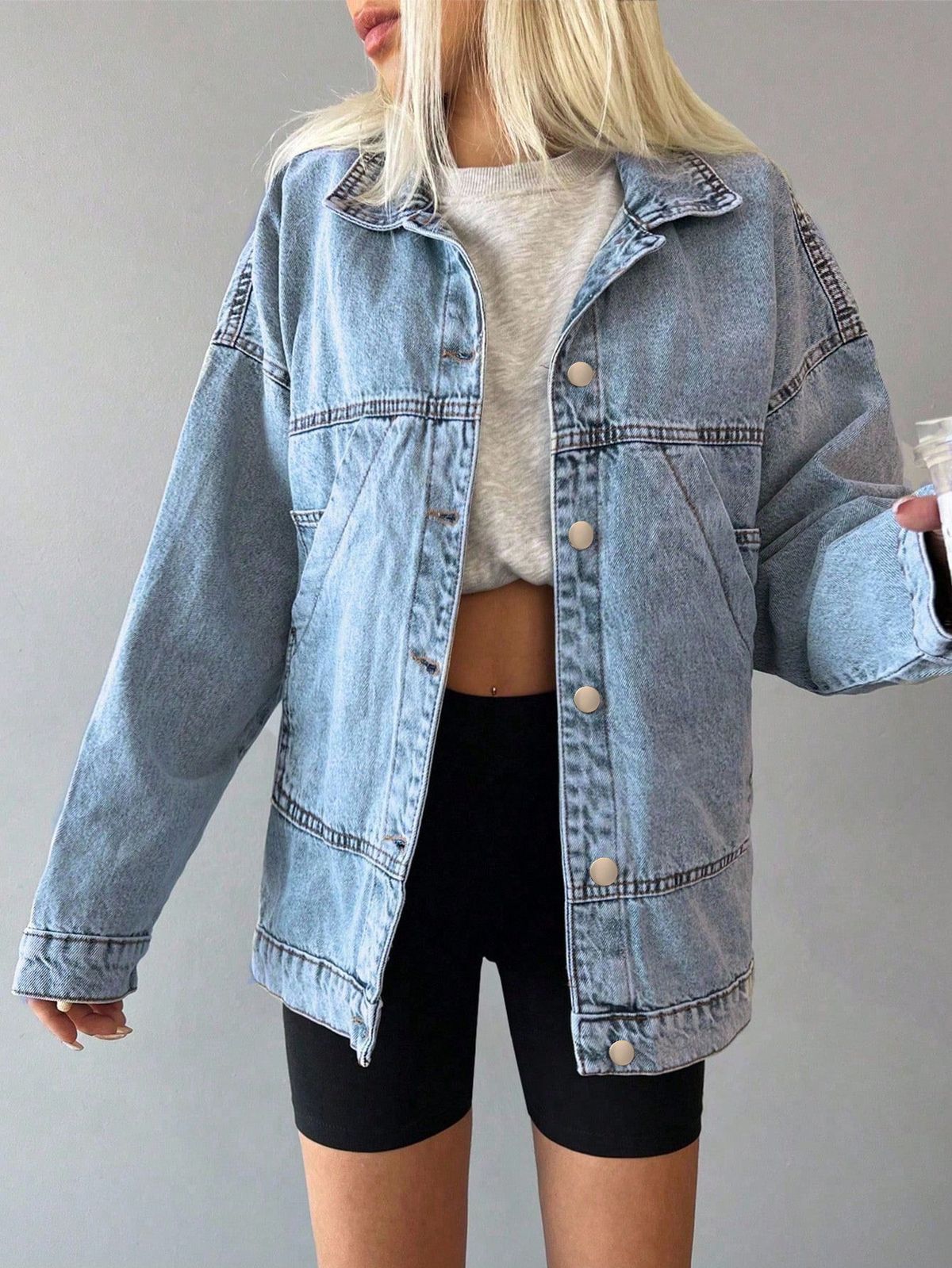 Women's Casual Long Sleeve Denim Jacket European American Style Drop Shoulder Button Front Loose Fit_mkmklike.com
