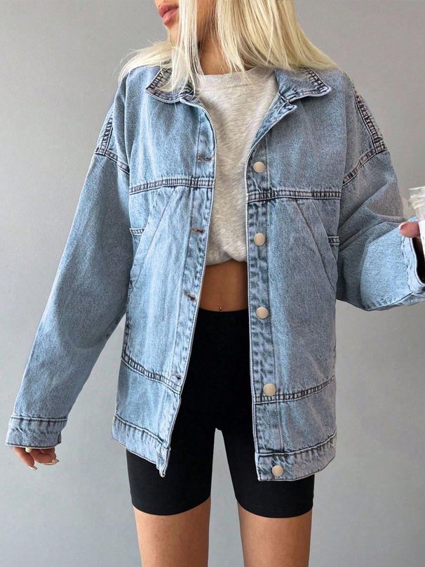 Women's Casual Long Sleeve Denim Jacket European American Style Drop Shoulder Button Front Loose Fit_mkmklike.com