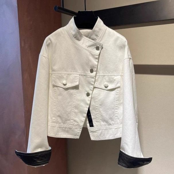 Women's American Retro White Stand up Collar Short Denim Jacket Casual Versatile Top for Spring And Autumn Unique Design_mkmklike.com