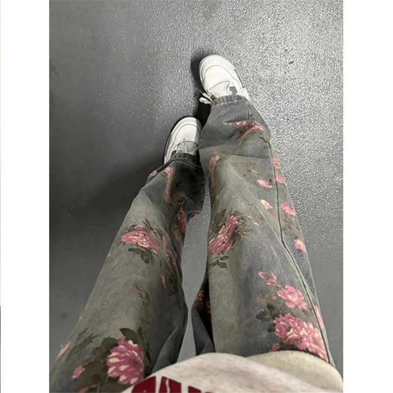 BOY Cleanfit Peony Full Print Jacquard Jeans For Men High Street Niche Design Blue Casual Loose Straight Pants_mkmklike.com