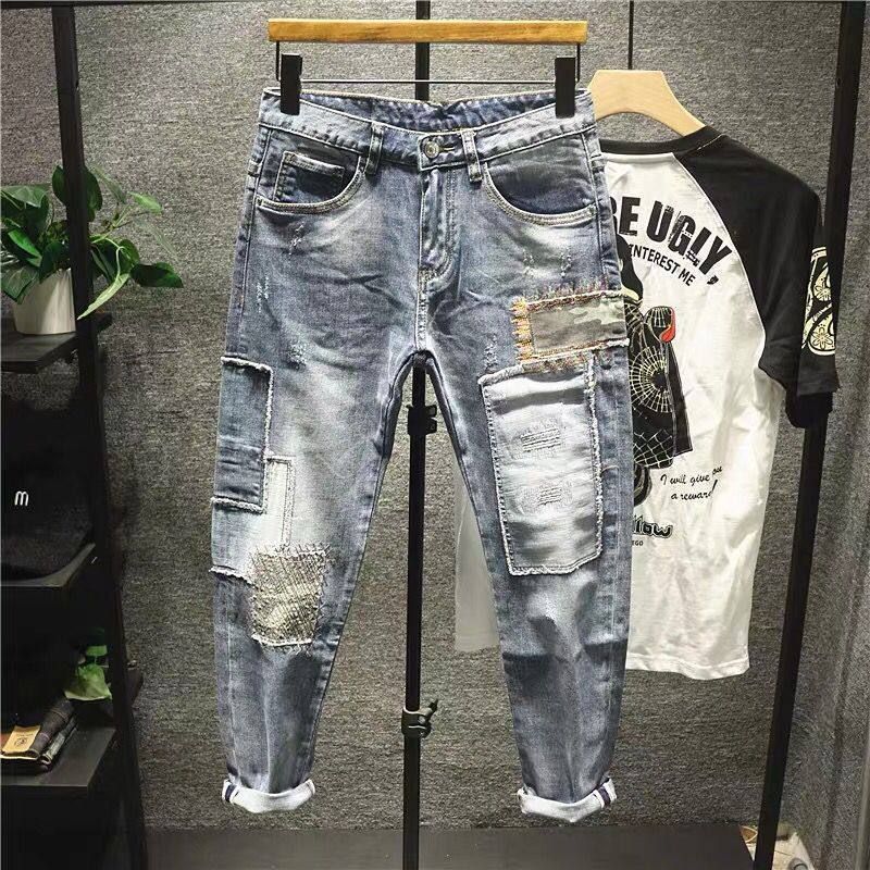 Men's Trendy Patchwork Denim Jeans Korean Style Slim Fit Stretchy Skinny Jeans Mid Waist Long Straight Pants_mkmklike.com