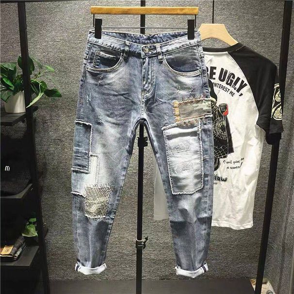 Men's Trendy Patchwork Denim Jeans Korean Style Slim Fit Stretchy Skinny Jeans Mid Waist Long Straight Pants_mkmklike.com