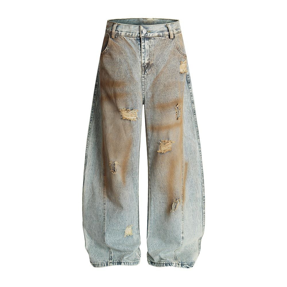 Post-apocalyptic Distressed Ink-splattered Dirty Denim Scimitar Men's Street Punk Loose Fit Wide-leg Long Floor-length_mkmklike.com