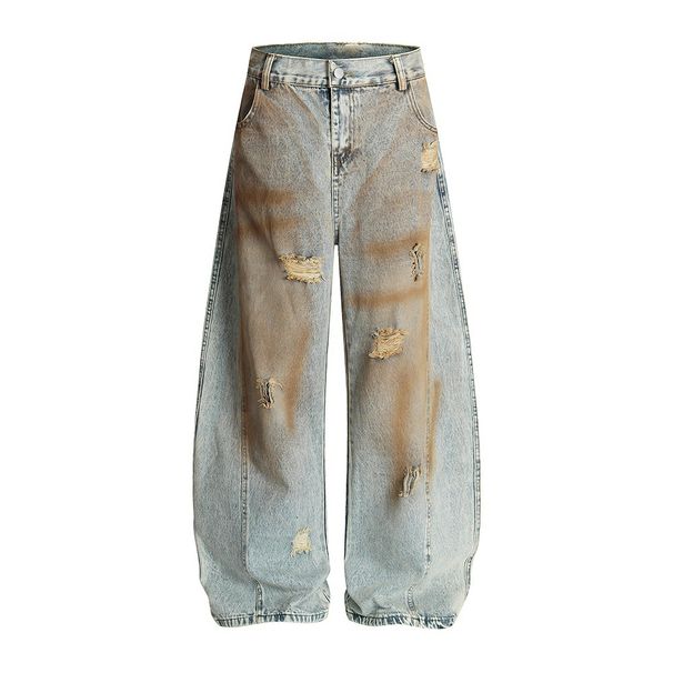 Post-apocalyptic Distressed Ink-splattered Dirty Denim Scimitar Men's Street Punk Loose Fit Wide-leg Long Floor-length_mkmklike.com
